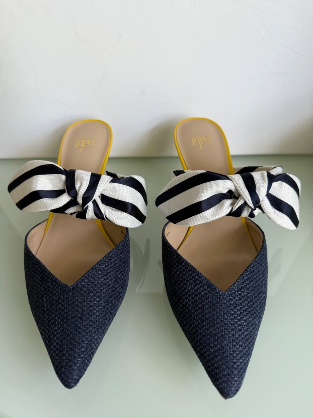 CAbi Style 6022 Bow Kitten Heels Blue Stripe Bow Yellow Heel Size 8 EUC w/Box - Picture 7 of 12